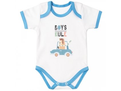 MBaby Bavlněné body s krátkým rukávem, Méďa Boys Rule, bílo/modré (Velikost koj oblečení 56 (1-2m))