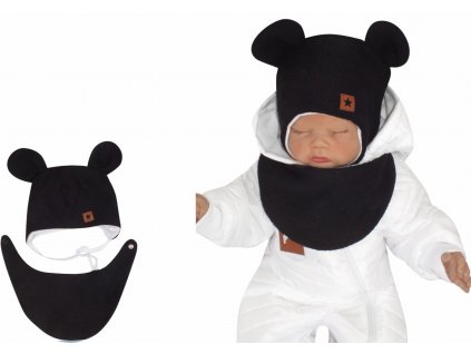 Z&Z Dvouvrstvá pletená čepice na zavazování s šátkem 2v1, Méďa - černá (Velikost 68 (3-6m))