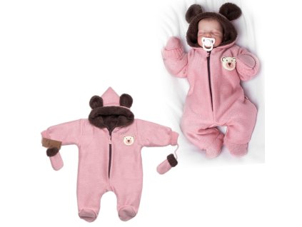 Oteplená pletená kombinéza s rukavičkama Teddy Bear, Baby Nellys, dvouvrstvá, růžová (Velikost 68 (3-6m))