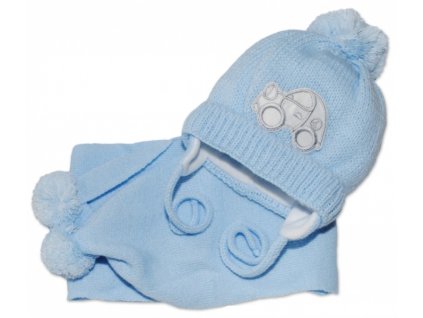 Zimní čepička s šálou - Autíčko sv. modré, 0-6m, Baby Nellys (Velikost koj oblečení 56-68 (0-6 m))