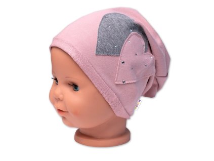 Dětská čepice bavlna, Srdíčka s kamínky, Baby Nellys, pudrová (Velikost 80/86 (12-18m))