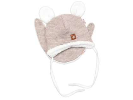 Pletená zimní čepice s kožíškem a šátkem Star, béžová (Velikost 80/86 (12-18m))