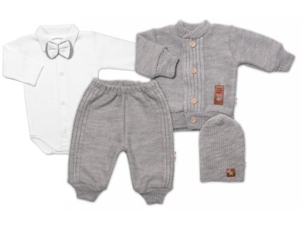 5-dílná pletená sada Baby Nellys, Boy, body, kalhoty, svetr, čepička, motýlek - šedá (Velikost 62 (2-3m))