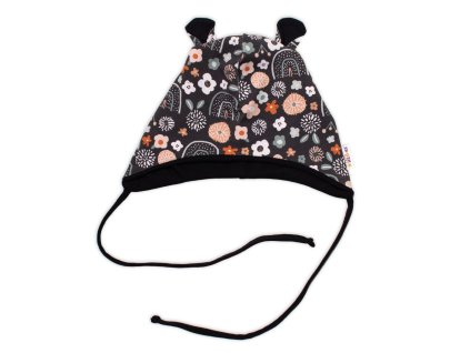Baby Nellys Kojenecká čepička s oušky na zavazování - Palouček, grafit (Velikost 56/62 (0-3m))