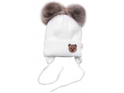 Dětská zimní čepice s fleecem Teddy Bear - chlupáčk. bambulky - bílá, šedá, BABY NELLYS (Velikost koj oblečení 56-68 (0-6 m))