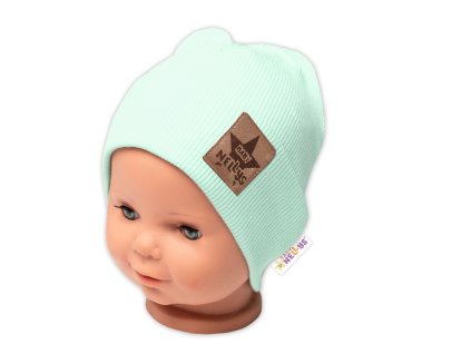 Žebrovaná dvouvrstvá čepice s lemem - mátová, Baby Nellys (Velikost 68/74 (6-9m))