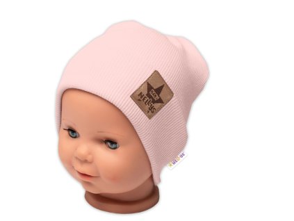 Žebrovaná dvouvrstvá čepice s lemem - pudrová, Baby Nellys (Velikost 68/74 (6-9m))