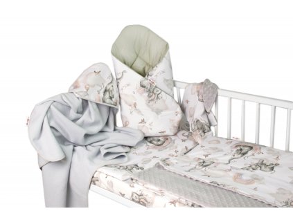 6-ti dílná výhod. sada s dárkem pro miminko Baby Nellys, 120x90 Slon a duha, bílá/olivová (Velikost povlečení 120x90)