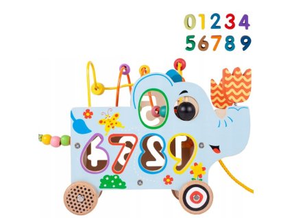 edukacni dreveny slon s kolecky labyrintem a cisly