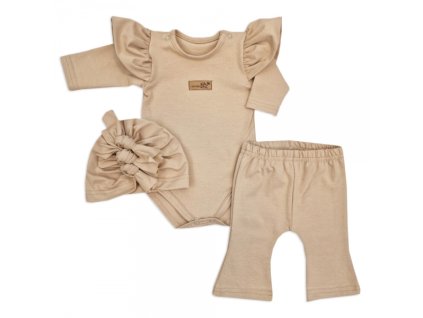 Body s volánky, legíny do zvonu a čepička, 3D, bavlna, cappuccino (Velikost 86 (12-18m))