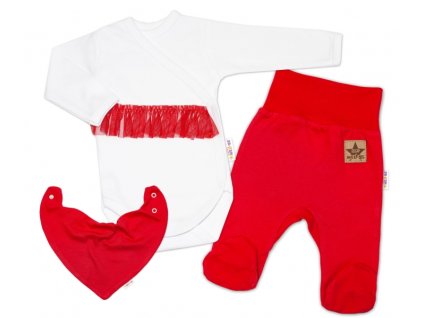 Baby Nellys 3-dílná sada Body dl. rukáv s tutu, šátek, polodupačky, červená, bílá (Velikost koj oblečení 50 (0-1m))