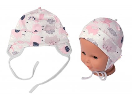 Baby Nellys Bavlněná čepička na zavazování, Sloníci, růžová, lem šedý (Velikost koj oblečení 50/56 (0-2m))
