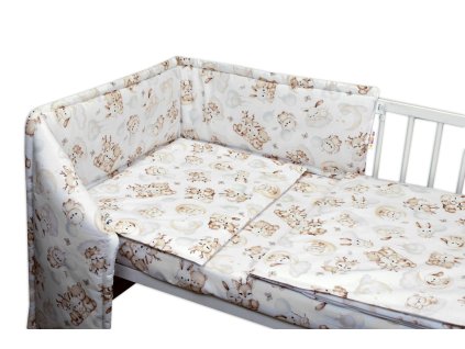 Mantinel s povlečením do postýlky, 3D sada - Sny zvířátek, bílá/hnědá (Velikost povlečení 135x100, Rozměry polštáře 40 x 60, Rozměry přikrývky 135 x 100)