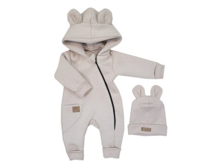 Oteplený dětský overal bez šlapek s kapucí + čepička, 2D, Kazum, béžový (Velikost 56 (1-2m))