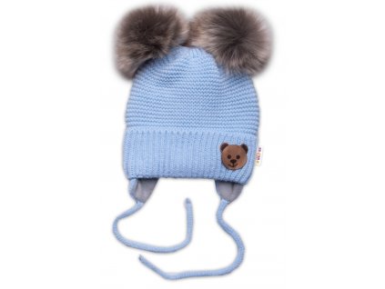 Dětská zimní čepice s fleecem Teddy Bear - chlupáčk. bambulky,sv. modrá, šedá (Velikost koj oblečení 56-68 (0-6 m))