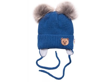 Dětská zimní čepice s fleecem Teddy Bear- chlupáčk. bambulky - tm. modrá, šedá (Velikost koj oblečení 56-68 (0-6 m))