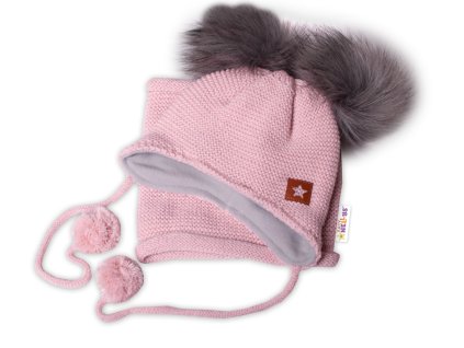 Zimní čepice s fleecem a chlupáčkové bambulky Star + komínek - pudrová (Velikost 68-86 (6-18m))
