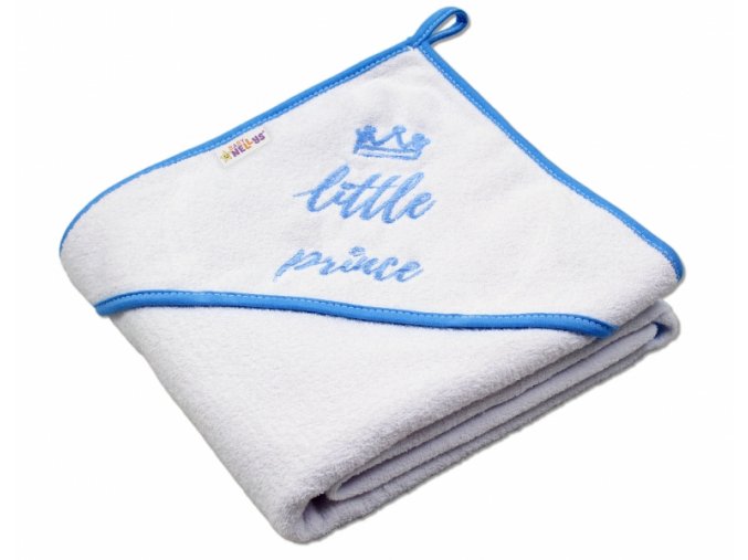 Baby Nellys Dětská termoosuška Little prince s kapucí, 80 x 80 cm - bílá,modrý lem