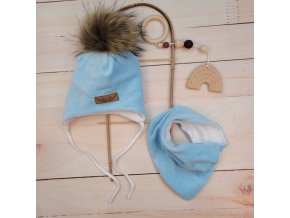 Zimní dvouvrstvá čepice na zavazování s bambulí z kožešinky + šátek Z&Z, modrá