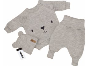 Pletená kojenecká sada 3D Medvídek, svetřík, tepláčky + čepička Kazum, béžová
