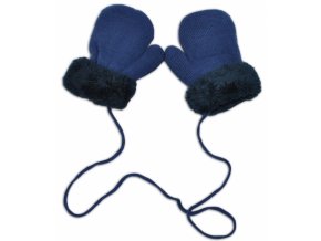 Zimní kojenecké rukavičky s kožíškem - se šňůrkou YO - jeans/granátový kožíšek