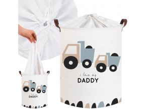 Koš na hračky, uzavíratelný, bavlna, Trucks Love Daddy - bílý, 43 L