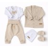 Bavlněná sada, body, kalhoty, motýlek a čepice Elegant Boy 5D, béžová/bílá (Velikost 56 (1-2m))