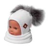 Zimní čepice s fleecem a chlupáčkové bambulky Star + komínek - bílá, BABY NELLYS (Velikost 98-104 (2-4r))