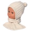Zimní čepice na zavazování s bambulky + šál, Baby Nellys - béžová (Velikost 62/68 (3-6m))