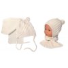Zimní čepice na zavazování s bambulky + šál, Baby Nellys - béžová (Velikost 62/68 (3-6m))