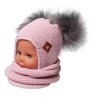Zimní čepice s fleecem a chlupáčkové bambulky Star + komínek - pudrová (Velikost 68-86 (6-18m))