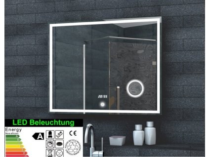 Zrcadlo s kosmetickým zrcátkem, hodinami a LED osvětlením, 800x600x32 mm (bssLMC0860A)