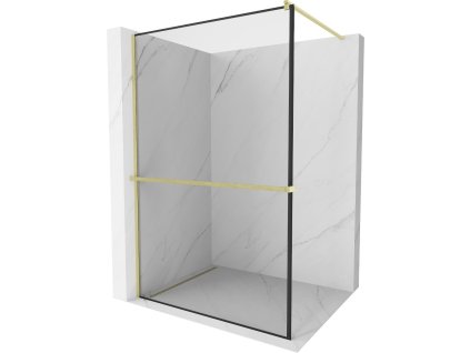 MEXEN/S - Kioto+ Sprchová zástěna s poličkou WALK-IN 90 x 200 cm, černá vzor, zlatá kartáčovaná 800-090-121-55-70