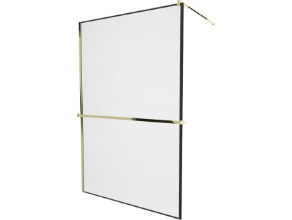 MEXEN/S - KIOTO Sprchová zástěna WALK-IN s poličkou a držákem ručníků 90 x 200, transparent/černá 8 mm, zlatá 800-090-121-50-70