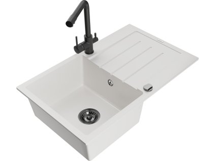 MEXEN/S - Bruno granitový dřez s odkapávačem včetně baterie Duero, bílá 6513-20-671600-70