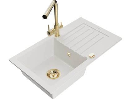 MEXEN/S - Pablo granitový dřez s odkapávačem včetně baterie Duero, bílá 6510-20-671600-50