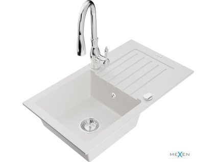MEXEN/S - Pablo granitový dřez 1 s odkapávačem včetně baterie Savita, bílá 6510-20-672601-00