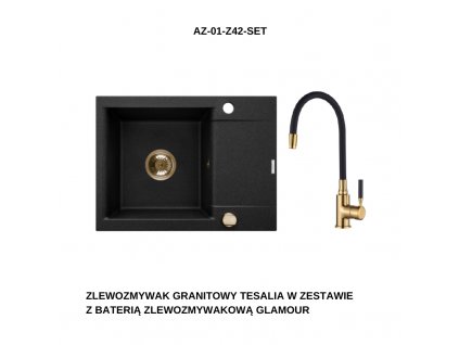 INVENA - Granitový dřez TESALIA krátký odkap, černý s automatickým sifonem, zlatý +baterie GLAMOUR AZ-01-Z42-SET