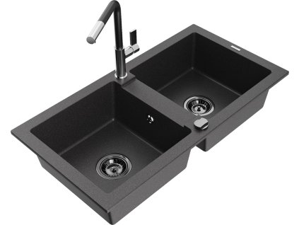 MEXEN/S - Mario granitový dřez 2-bowl včetně baterie Flora, černá kropenatá 6504-76-670401-07-B DOPRAVA ZDARMA