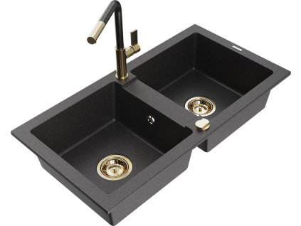 MEXEN/S - Mario granitový dřez 2-bowl včetně baterie Flora, černá kropenatá 6504-76-670401-75-G DOPRAVA ZDARMA