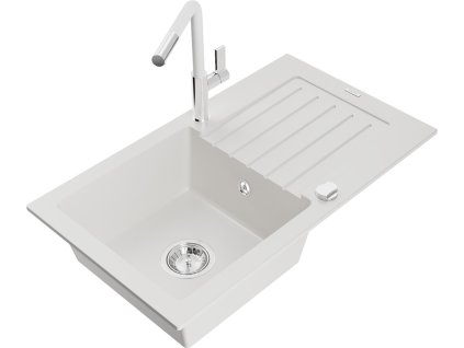 MEXEN/S - Pablo granitový dřez 1 s odkapávačem včetně baterie Flora, bílá 6510-20-670401-02