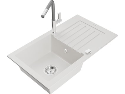 MEXEN/S - Pablo granitový dřez 1 s odkapávačem včetně baterie Flora, bílá 6510-20-670401-06