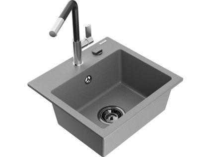 MEXEN/S - Milo granitový dřez 1-miska včetně baterie Flora, šedá 6505-71-670401-07-B