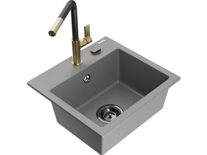 MEXEN/S - Milo granitový dřez 1-miska včetně baterie Flora, šedá 6505-71-670401-57-B