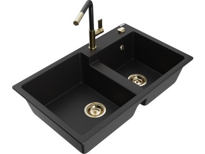 MEXEN/S - Tomas granitový dřez 2-bowl včetně baterie Flora, černá 6516-77-670401-57-G DOPRAVA ZDARMA