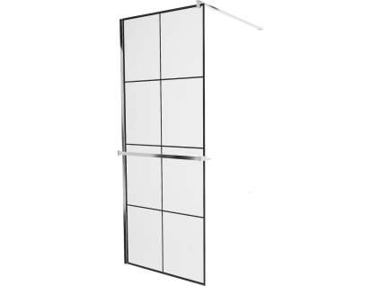 MEXEN/S - KIOTO Sprchová zástěna WALK-IN s poličkou a držákem ručníků 90 x 200, transparent/černá 8 mm, chrom 800-090-121-01-77