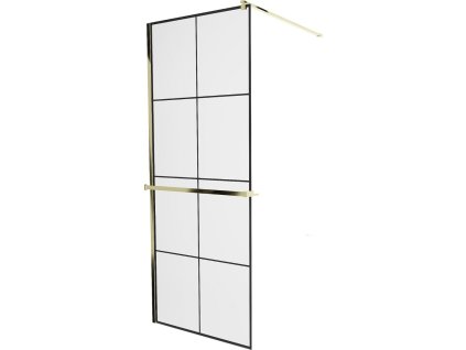 MEXEN/S - KIOTO Sprchová zástěna WALK-IN s poličkou a držákem ručníků 90 x 200, transparent/černá 8 mm, zlatá 800-090-121-50-77