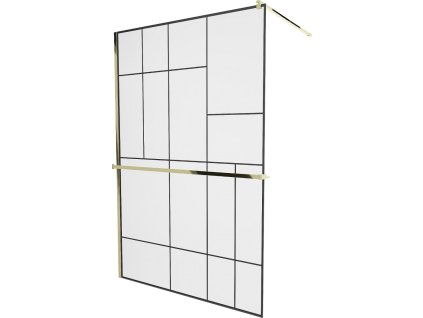 MEXEN/S - KIOTO Sprchová zástěna WALK-IN s poličkou a držákem ručníků 90 x 200, transparent/černá 8 mm, zlatá 800-090-121-50-78