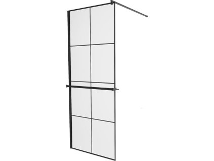 MEXEN/S - KIOTO Sprchová zástěna WALK-IN s poličkou a držákem ručníků 90 x 200, transparent/černá 8 mm, černá 800-090-121-70-77