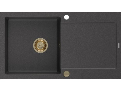 MEXEN/S - Leo granitový dřez 1 s odkapávačem 900x500 mm, černá kropenatá,+ zlatý sifon 6501901010-76-G